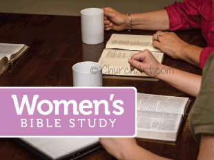 Bible Study Clip-Art photo of open Bibles, human hands on a table with Women's Bible Study caption