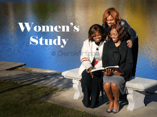 Bible Study Clip-Art Photo of 3 African American women looking at the bible with Women's Study caption