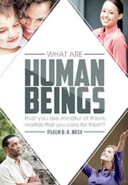 Church Art Bulletin Cover with diamond shape and photos of people and Scripture verse What Are Human Beings Psalm 8:4