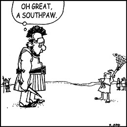 Church art cartoon of David swinging his sling at Goliath with caption OH GREAT A SOUTHPAW