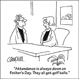 Church art cartoon of two pastors talking at desk with caption ATTENDANCE IS ALWAYS DOWN ON FATHER'S DAY THEY ALL GOT GOLF BALLS