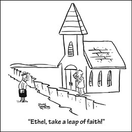Church art cartoon of crevasse in front of church woman and man on opposite sides with caption ETHEL TAKE A LEAP OF FAITH