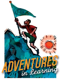 Church Art Clipart man carrying flag climbs mountain with sun and caption Adventures in Learning