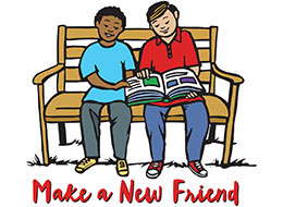 Church Art Clipart two boys sitting on bench looking at book and caption Make a New Friend