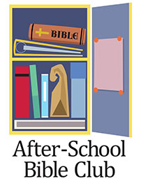 Church Art Clipart open locker with bible books lunch bag and caption After-School Bible Club