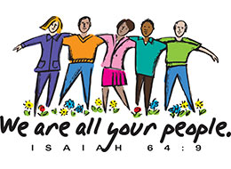 Church Art Clipart two women and three men with arms around each other and caption We Are All Your People Isaiah 64:9