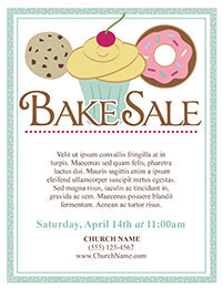 Church Art Flyer Template Bake Sale with illustration of cookie cupcake and donut