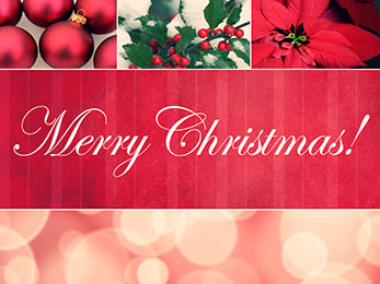 Church Art Motion Video ornaments, holly leaves and berries, poinsettia flower and caption Merry Christmas