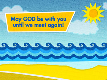 Church Art Motion Video graphic illustration of beach, waves clouds and sun with caption May God Be With You Until We Meet Again