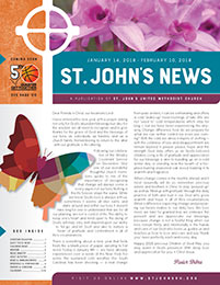 Church Art Newsletter Template St. John News with cross and flowers in nameplate and large butterfly graphic