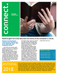 Church Art Newsletter Template Connect with green nameplate and large photo of woman reading Bible