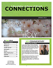Church Art Newsletter Template Connections with green nameplate and photo of flowers