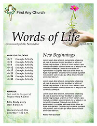 Church Art Newsletter Template Words of Life with hand holding flower in nameplate