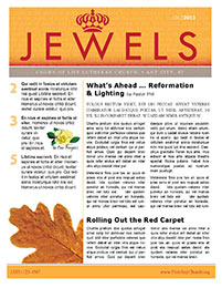 Church Art Newsletter Template Jewels with crown in orange nameplate and large leaf graphic