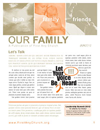 Church Art Newsletter Template Our Family with faith family friends photos in nameplate