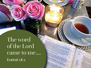 Church art photo of Bible coffee roses candle with The Word of the Lord came to me caption