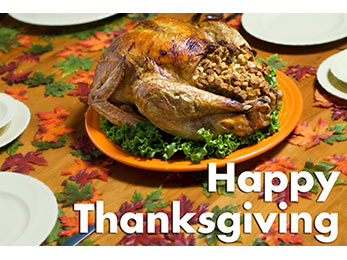 Church art photo of roasted turkey and dinner plates with Happy Thanksgiving caption