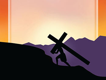 Church Art PowerPoint image of silhouette of Jesus carrying cross up rocky hill without caption