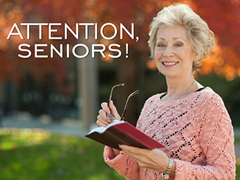 Church Art PowerPoint image of woman holding Bible and eyeglasses and caption Attention Seniors