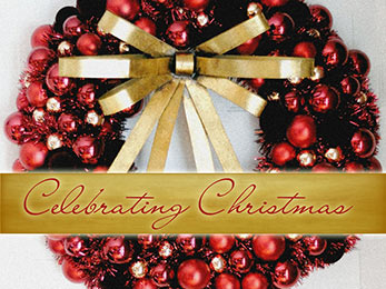 Church Art PowerPoint image of Christmas wreath with bow and caption Celebrating Christmas