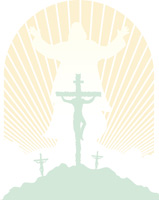 Background of 3 Green Crosses on a Green Hill with a Person on Each Cross. Background is a Large Resurrected Jesus in Gold Background.