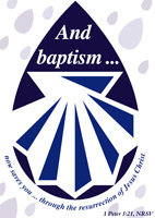 Baptism Clip-Art modern art of scallop shell with And Baptism now saves you caption referencing 1 Peter 3:21