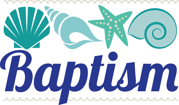 Baptism Clip-Art with Baptism caption in purple and shell artwork
