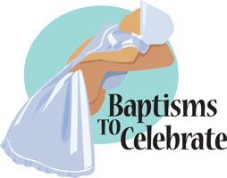 Baptism Clip-Art showing baby in arms and Baptisms to celebrate as caption