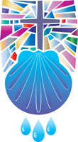 Baptism Clip-Art of cross in front of a colorful mosaic and a scallop shell with 3 drops of water