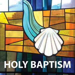 Baptism Clip-Art with Holy Baptism caption with mosaic background and scallop shell