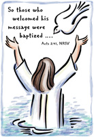 Baptism Clip-Art referencing Acts 2:41 with person in water with a dove coming down from the sky