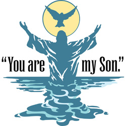 Baptism Clip-Art of Jesus coming out of the water with a dove above his head and You are my son caption