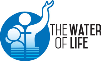 Baptism Clip-Art with The Water of Life caption and modern art graphic of clergy in baptismal pool