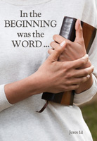 Bible Clip-Art of photo of woman holding a bible close to her side with In the Beginning was the Word caption