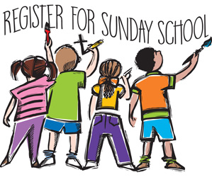 Bible Clip-Art for Kids with four children painting a sign REGISTER FOR SUNDAY SCHOOL caption