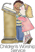 Bible Clip-Art for Kids with boy and girl standing at podium or lectern and CHILDREN'S WORSHIP SERVICE caption