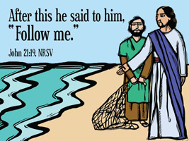 Bulletin Clip-Art Image with Jesus and Peter standing near water's edge and caption After This He Said to Him Follow Me. John 21:19, NRSV