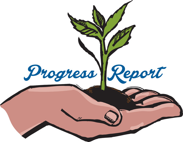 Bulletin Clip-Art Image of hand holding dirt with small plant sprouting from it and caption Progress Report
