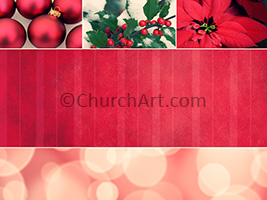 Christmas bulbs, holly and poinsettia as background photo