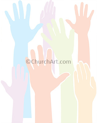 Seven hands and arms reaching upward as background illustration