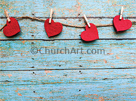 Wallpaper background with photo of paper hearts on a string on a wooden background