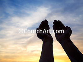 Photo image of a blue sky and clouds with a silhouette of hands raised in prayer