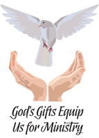 Clip-Art Image of open hands and flying dove with caption GOD'S GIFTS EQUIP US FOR MINISTRY