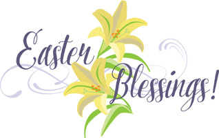 Christian Easter Graphic artwork image with Easter Blessings caption and yellow Easter lilies