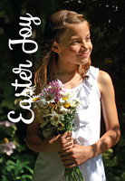 Christian Easter photo of girl with spring flowers and Easter Joy Caption