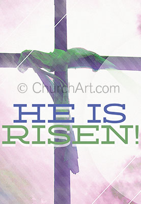 Church bulletin cover example of cross of Jesus and He is risen caption