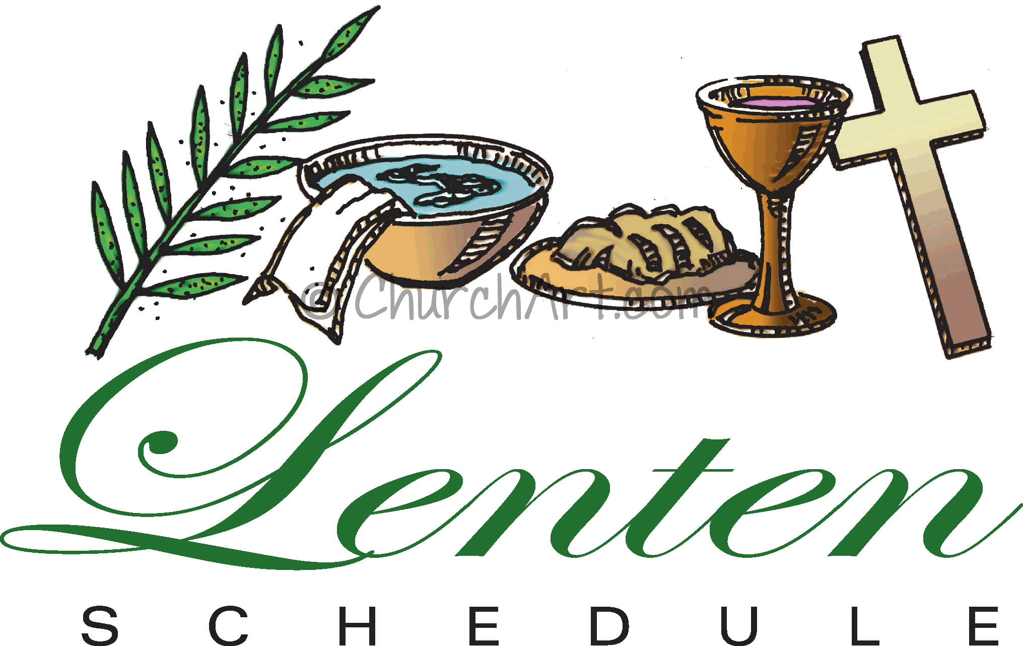 Clip-art image with Lenten symbols of a  palm leaf, cross, bread and wine for communion and wash bowl for church Lenten Schedule featured in church bulletin or church newsletter