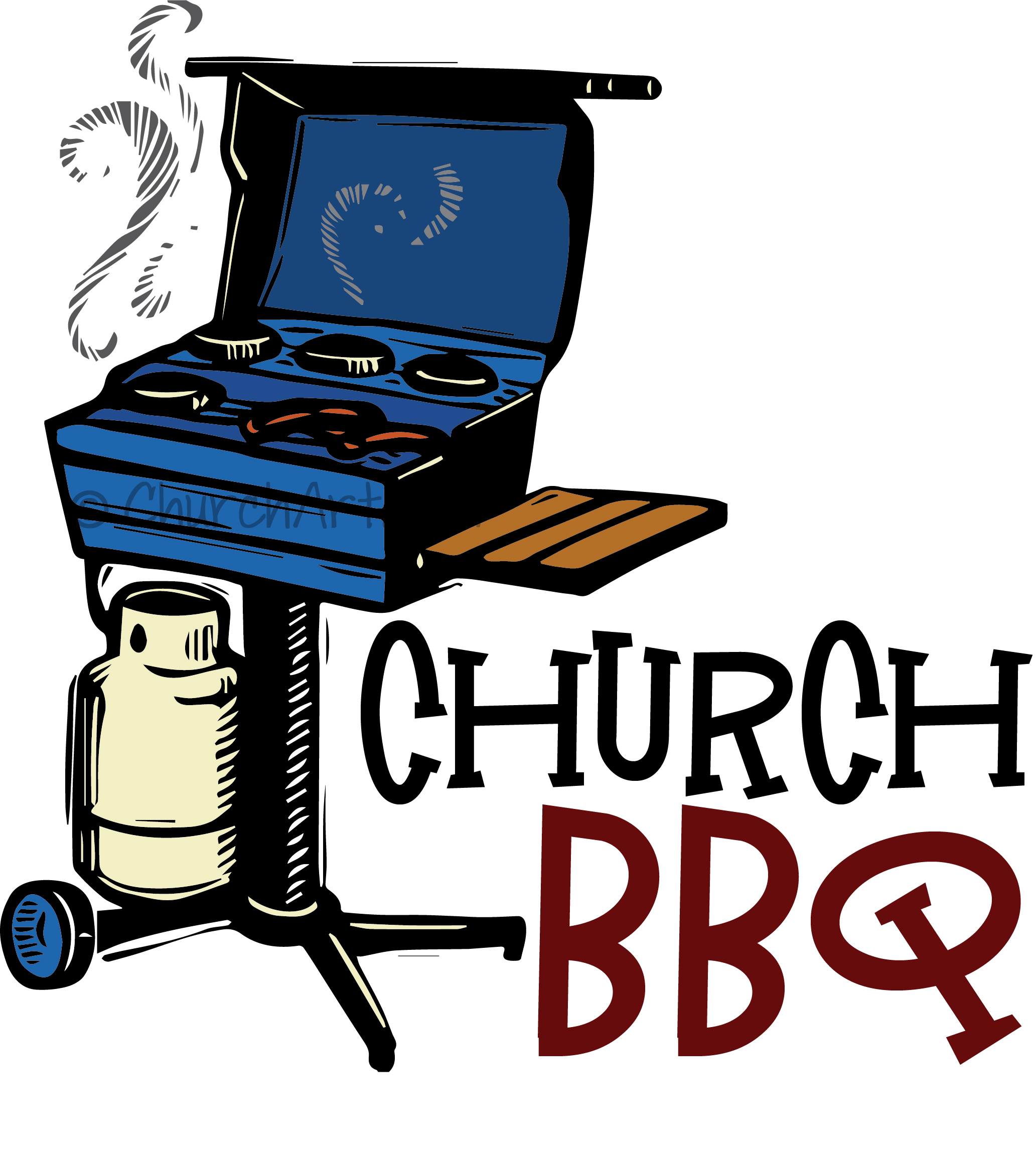 Clip-art image for Annual Church BBQ, Church BBQ Sunday, All-Church BBQ, Meat Church BBQ, Church BBQ Fellowship or Church BBQ Dinner