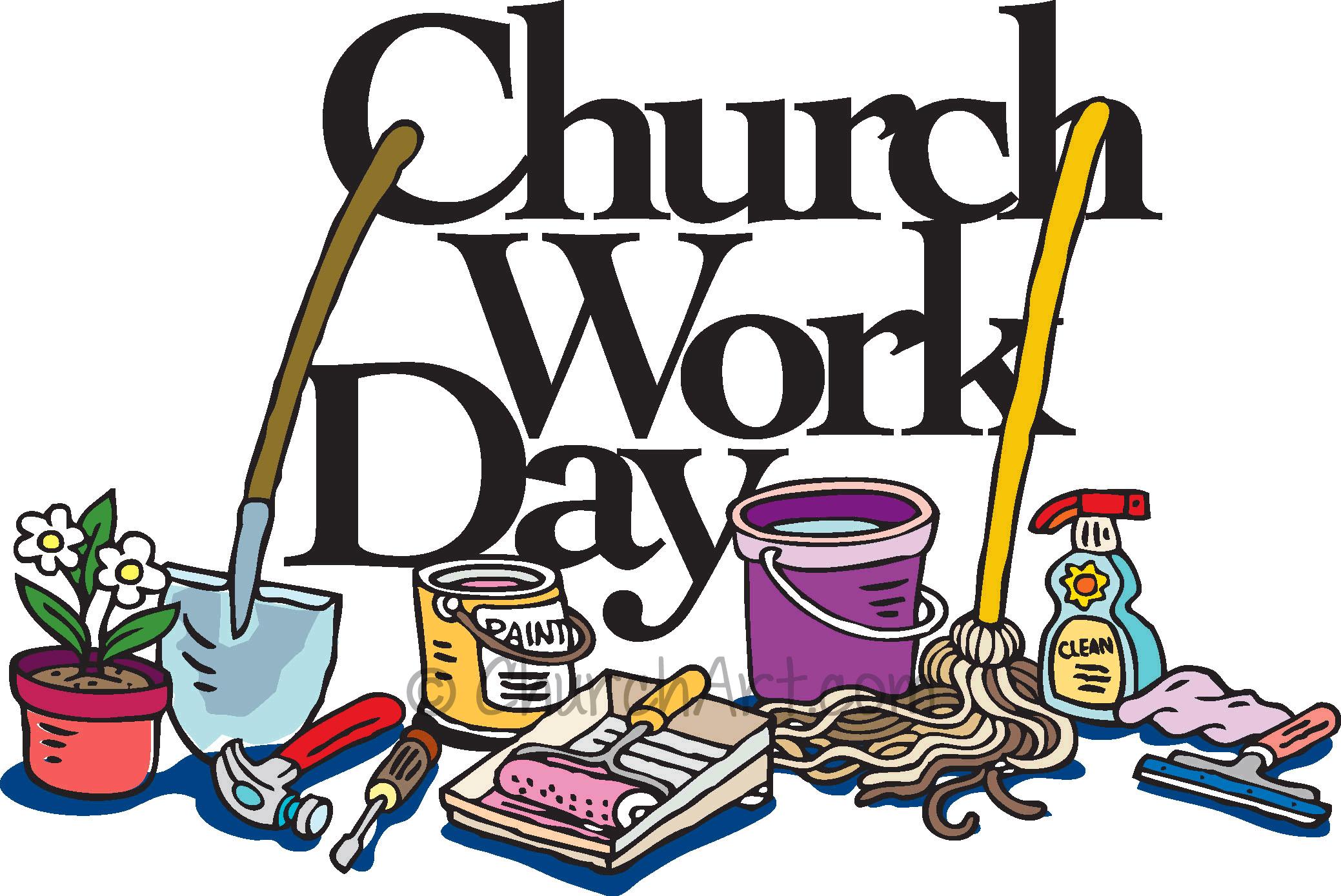 Clip-art image for church work day with mops, shovels, buckets, painting supplies and cleaning supplies