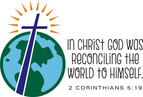 Drawing of the World Overlaid with a Purple Cross. The top of the cross is framed with a sunshine outline. Captioned with 2 Corinthians 5:19.